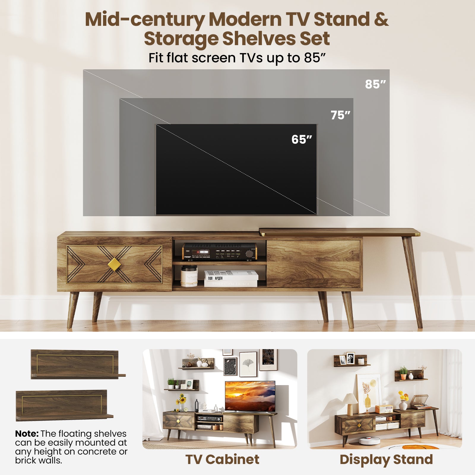 Mid-century Modern TV Stand for TVs up to 85 Inch with Open Compartments, Walnut Entertainment Centers & TV Stands at Gallery Canada