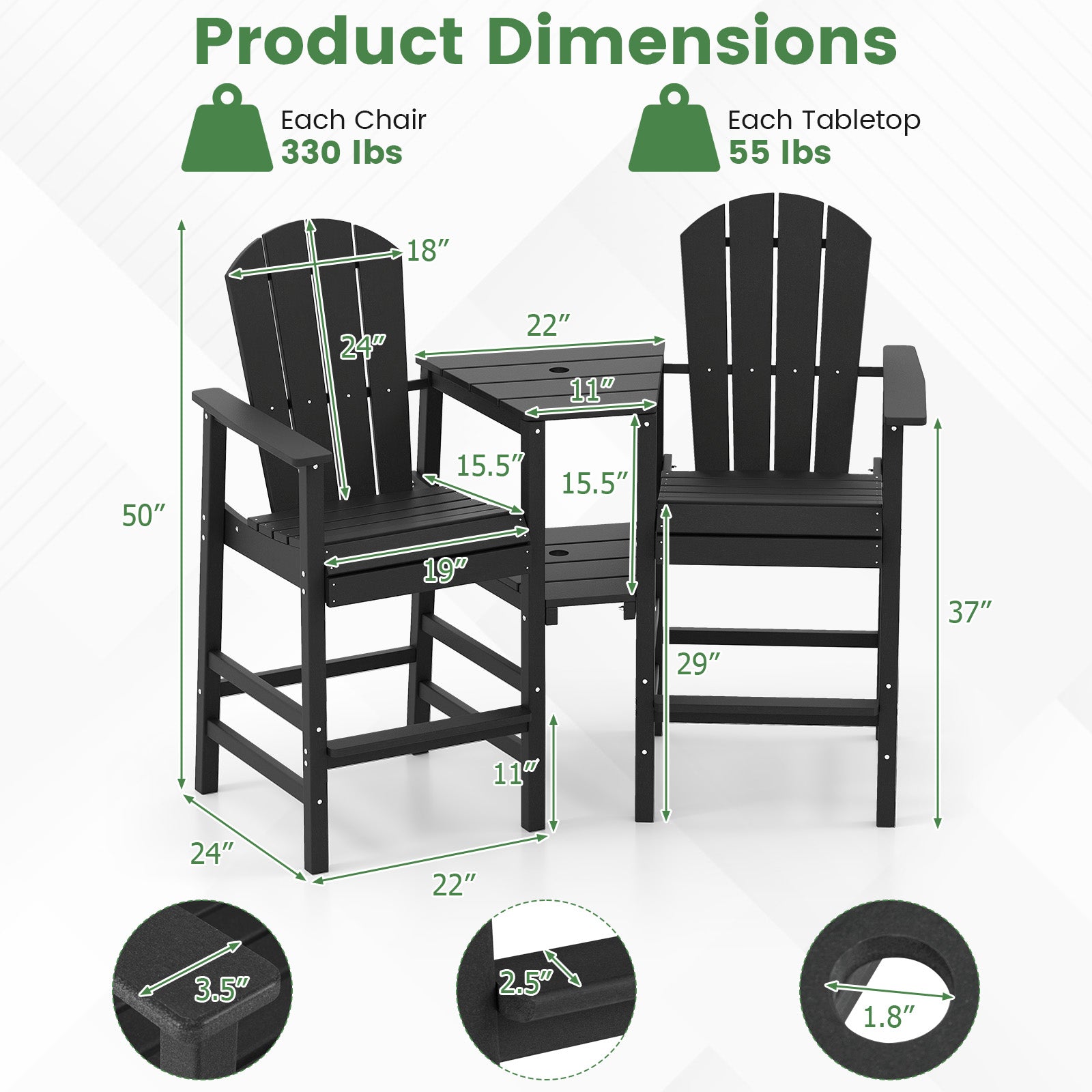 2-Seat Adirondack Chair All-Weather Adirondack Chair with Double Connecting Tray, Black Adirondack Chairs at Gallery Canada
