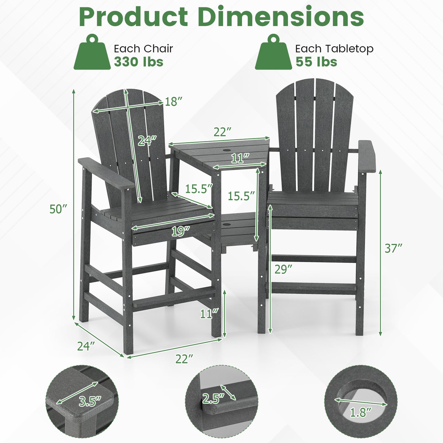 2-Seat Adirondack Chair All-Weather Adirondack Chair with Double Connecting Tray, Gray Adirondack Chairs at Gallery Canada