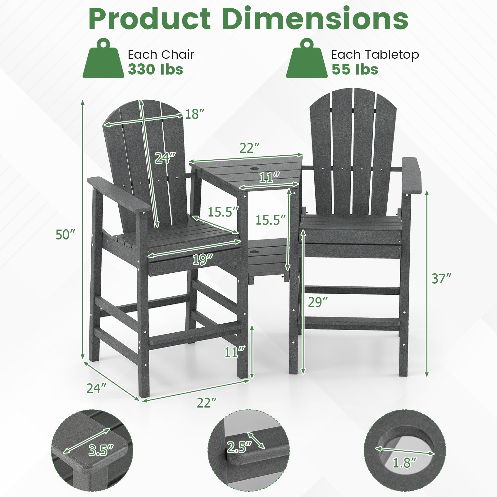 2-Seat Adirondack Chair All-Weather Adirondack Chair with Double Connecting Tray, Gray Adirondack Chairs at Gallery Canada