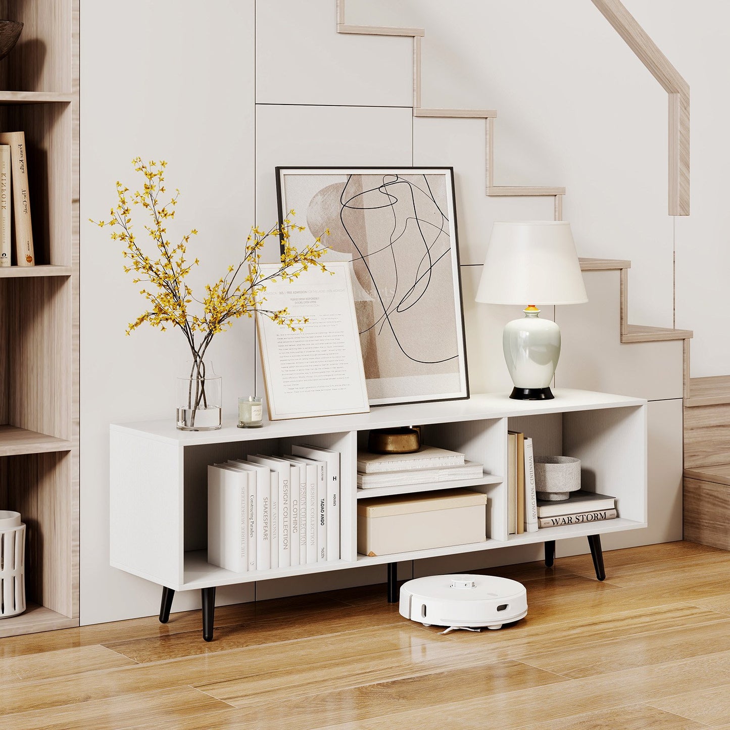47.5 Inches TV Stand for 55-Inch TV with Compartments and Metal Legs, White Entertainment Centers & TV Stands at Gallery Canada