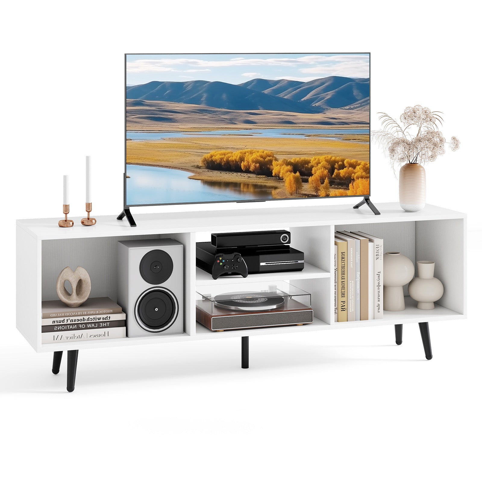 47.5 Inches TV Stand for 55-Inch TV with Compartments and Metal Legs, White Entertainment Centers & TV Stands at Gallery Canada