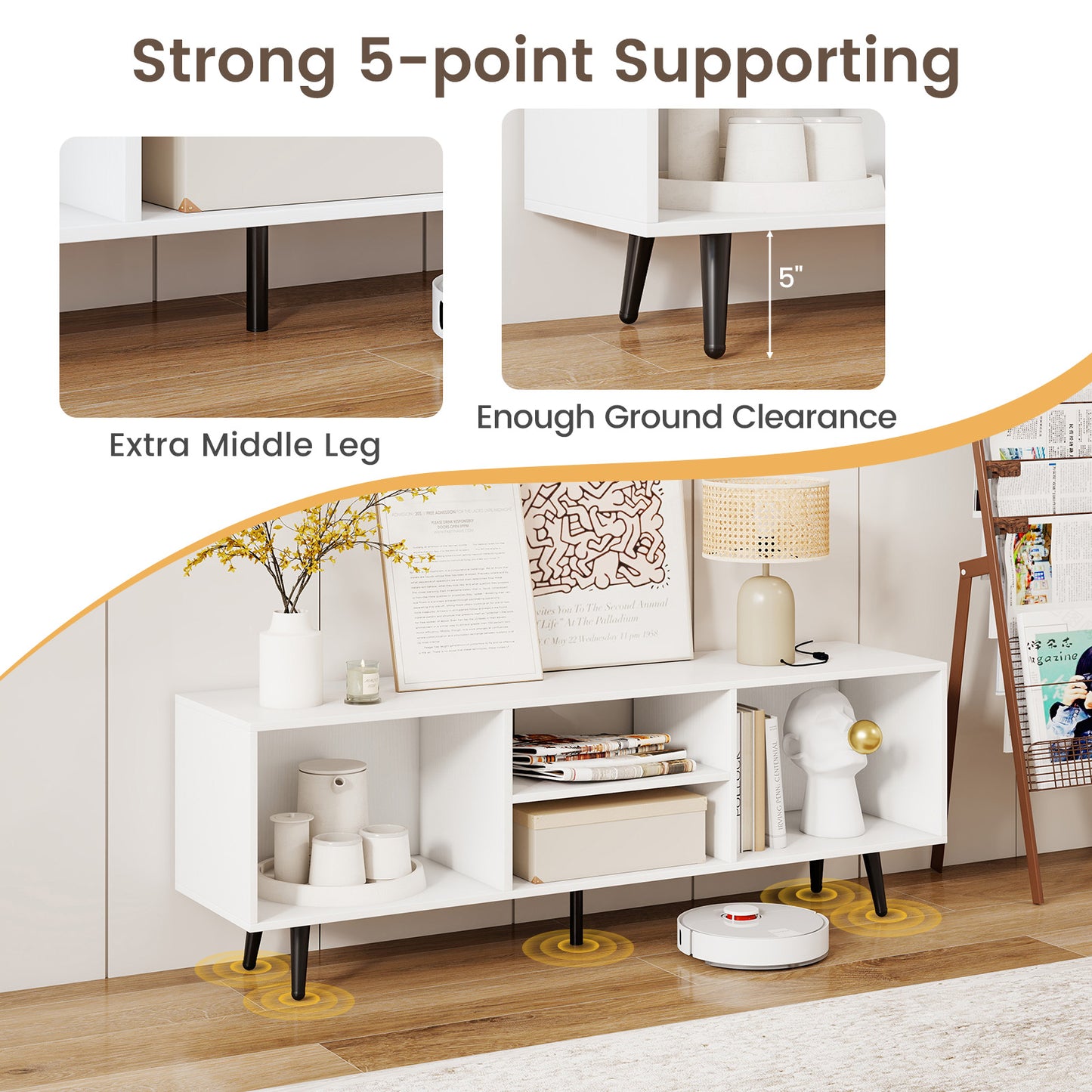 47.5 Inches TV Stand for 55-Inch TV with Compartments and Metal Legs, White Entertainment Centers & TV Stands at Gallery Canada