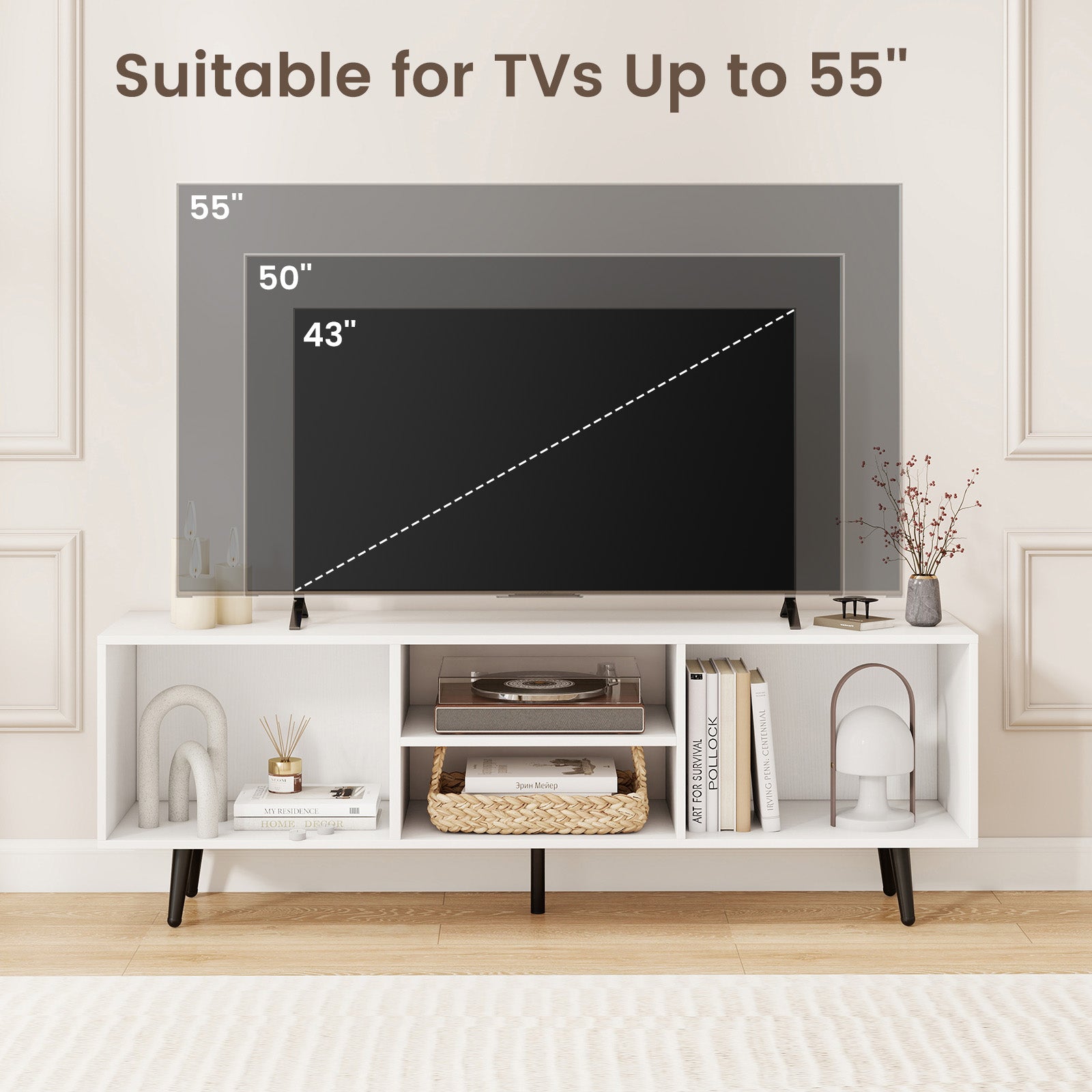 47.5 Inches TV Stand for 55-Inch TV with Compartments and Metal Legs, White Entertainment Centers & TV Stands at Gallery Canada