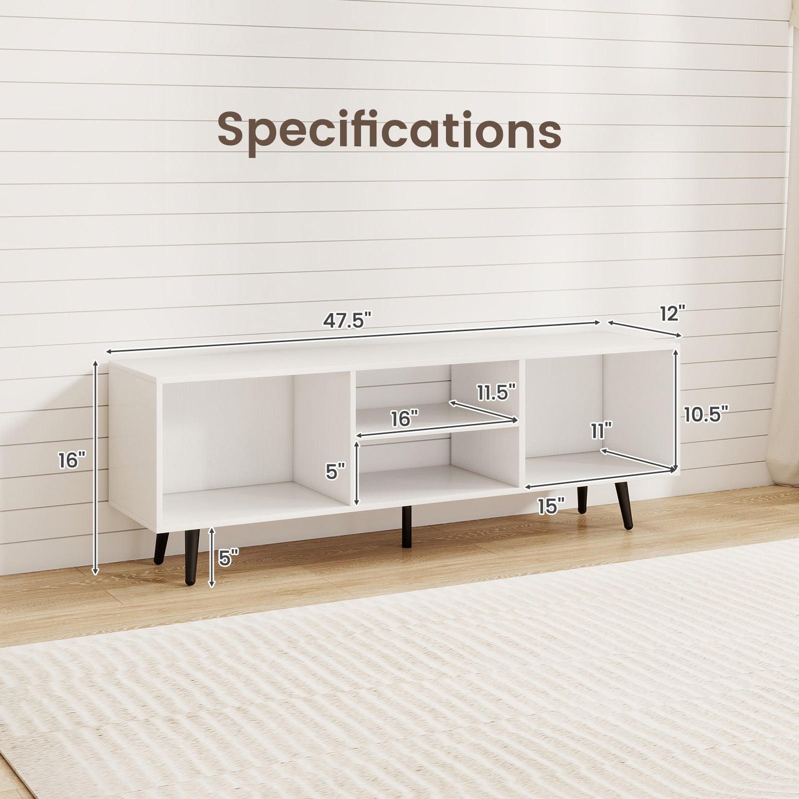47.5 Inches TV Stand for 55-Inch TV with Compartments and Metal Legs, White Entertainment Centers & TV Stands at Gallery Canada