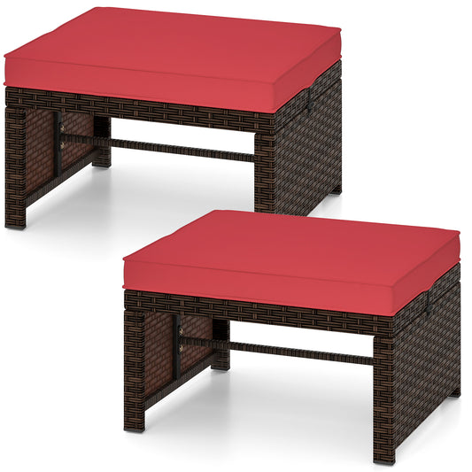 Outdoor 2 Piece PE Rattan Ottoman Footstool, Red