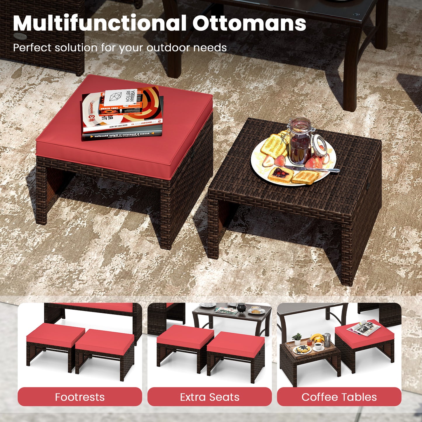 Multipurpose Outdoor 2 Pieces Patio PE Rattan Ottomans Footstool, Red Outdoor Seating & Patio Chairs at Gallery Canada