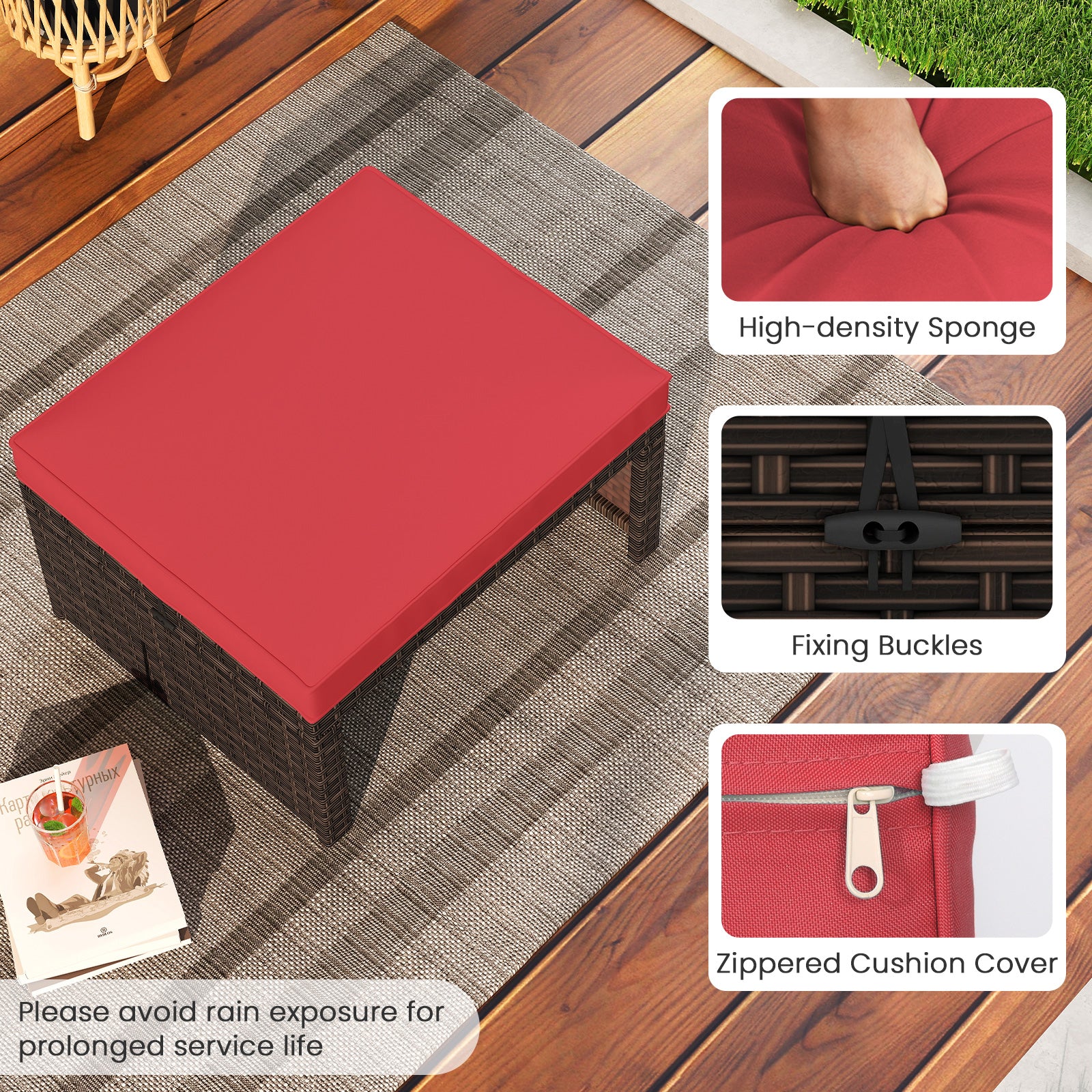 Multipurpose Outdoor 2 Pieces Patio PE Rattan Ottomans Footstool, Red Outdoor Seating & Patio Chairs at Gallery Canada