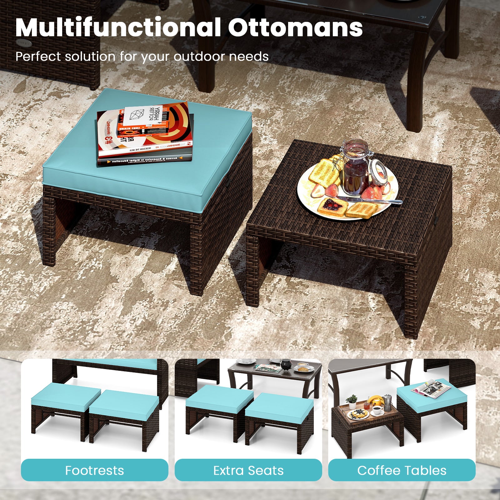 Outdoor Patio PE Rattan Ottoman, Turquoise Outdoor Seating & Patio Chairs at Gallery Canada