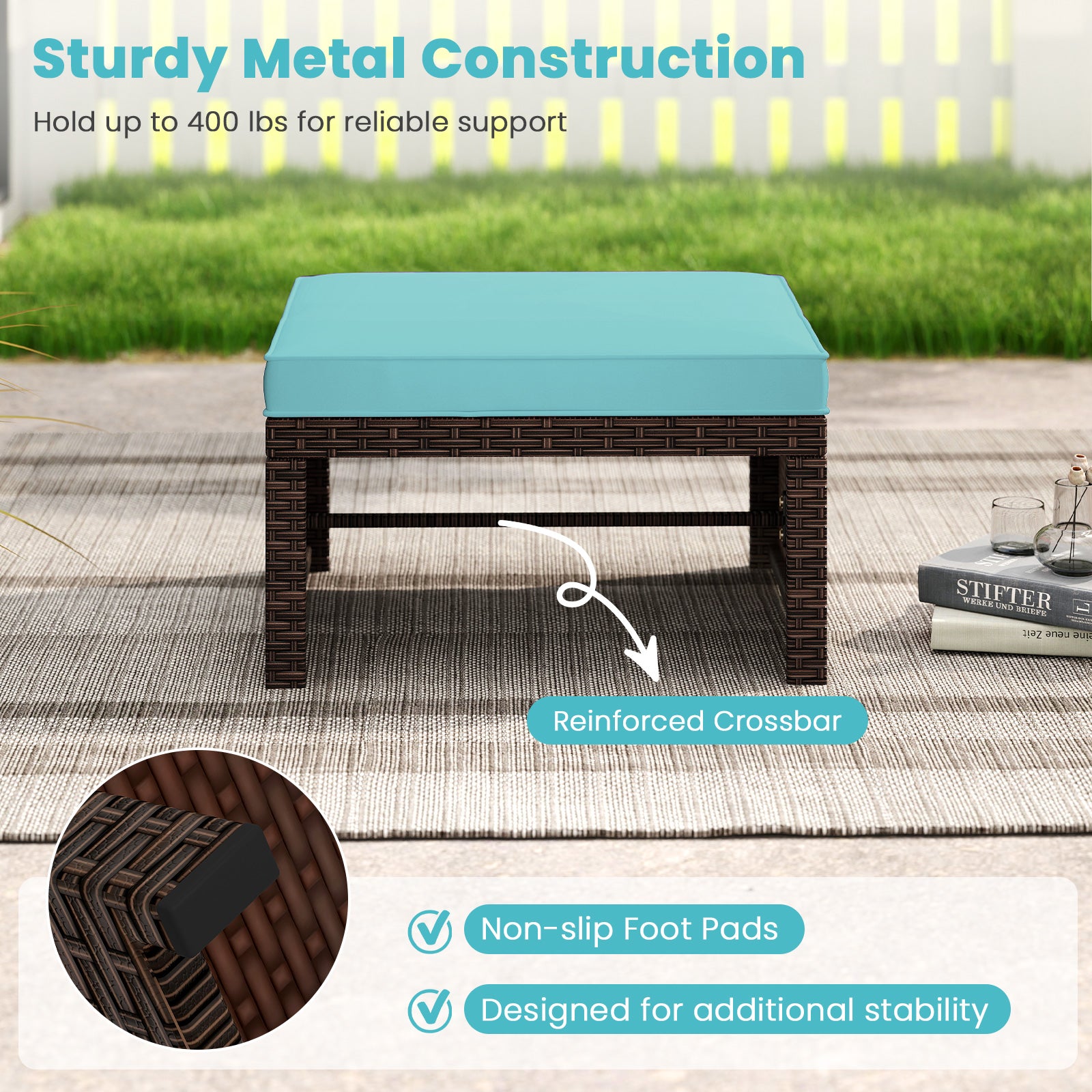 Outdoor Patio PE Rattan Ottoman, Turquoise Outdoor Seating & Patio Chairs at Gallery Canada