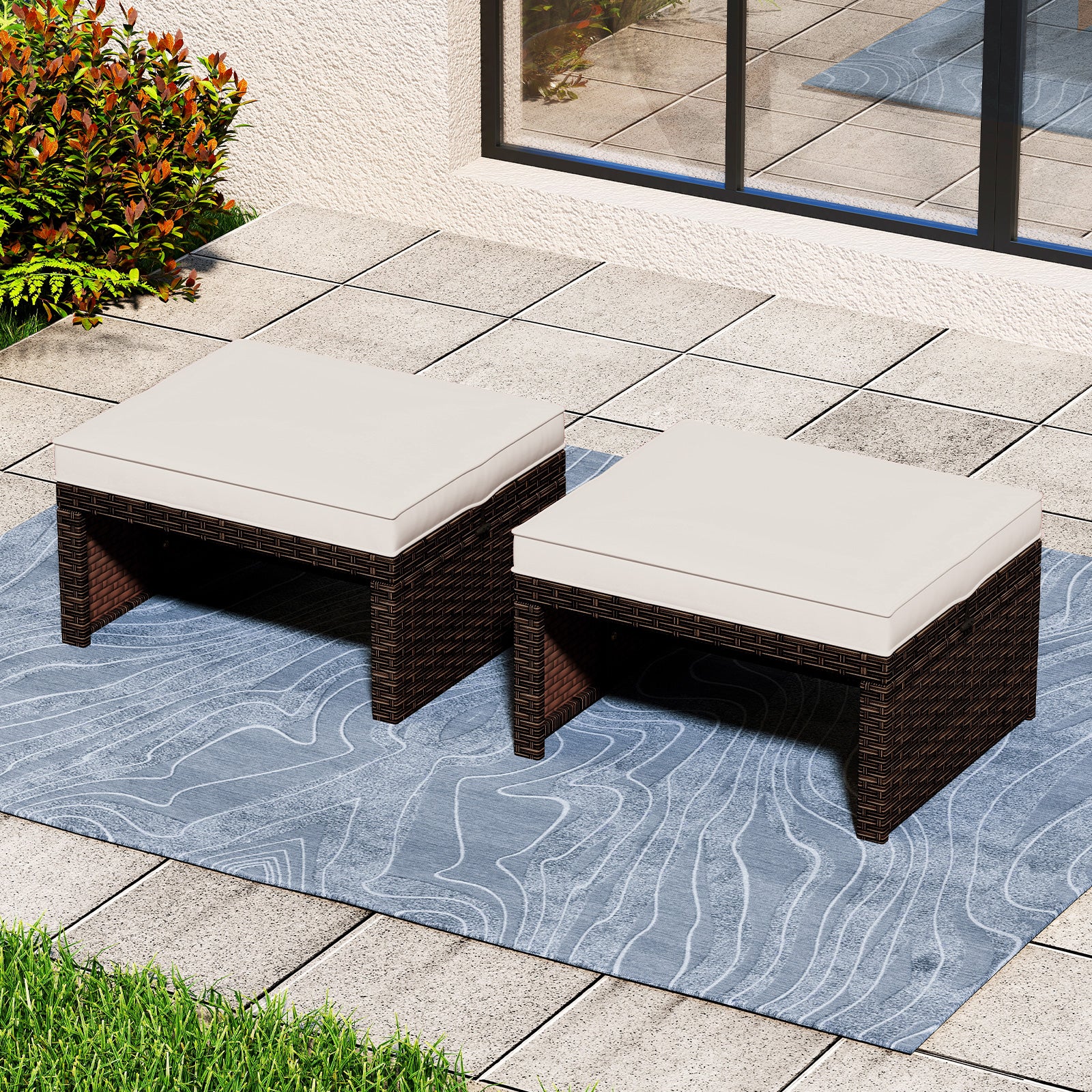 Multipurpose Outdoor 2 Pieces Patio PE Rattan Ottomans Footstool, White Outdoor Seating & Patio Chairs at Gallery Canada