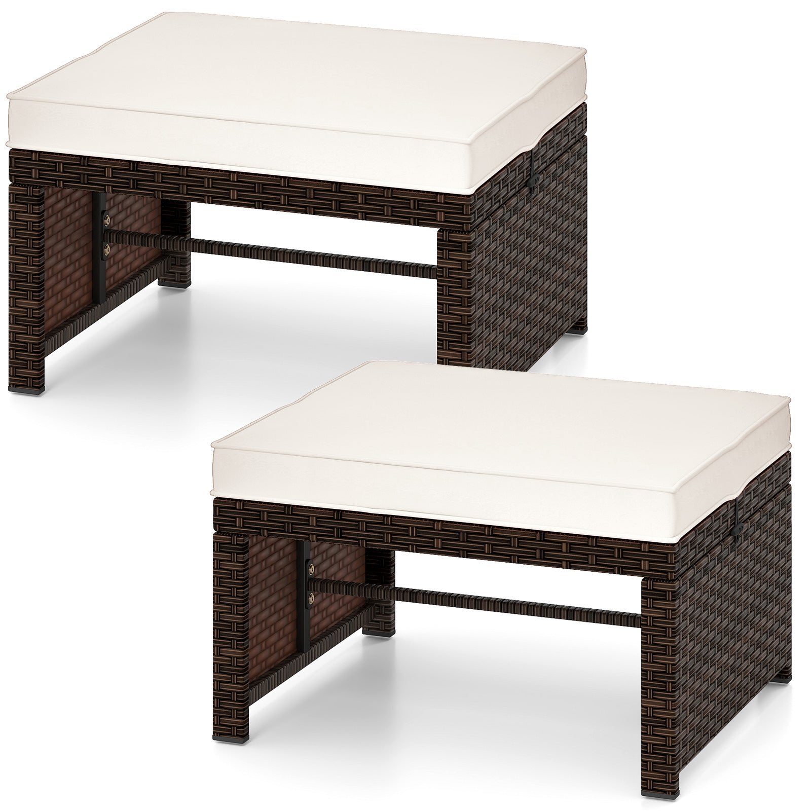 Outdoor Patio PE Rattan Ottoman Footstool, 2 Pieces, White Outdoor Seating & Patio Chairs at Gallery Canada