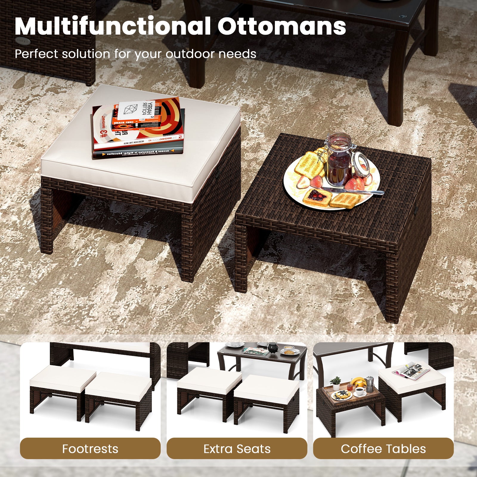 Multipurpose Outdoor 2 Pieces Patio PE Rattan Ottomans Footstool, White Outdoor Seating & Patio Chairs at Gallery Canada
