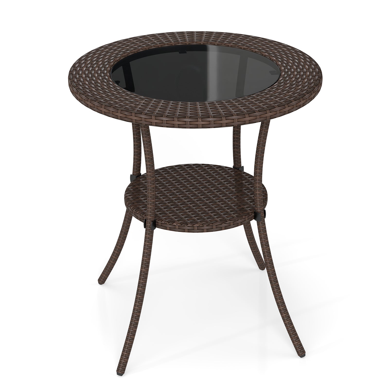 PE Wicker Patio Bistro Table Round with Tempered Glass Top and Shelf, Brown Patio Dining Tables at Gallery Canada