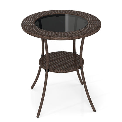 PE Wicker Patio Bistro Table Round with Tempered Glass Top and Shelf, Brown Patio Dining Tables at Gallery Canada