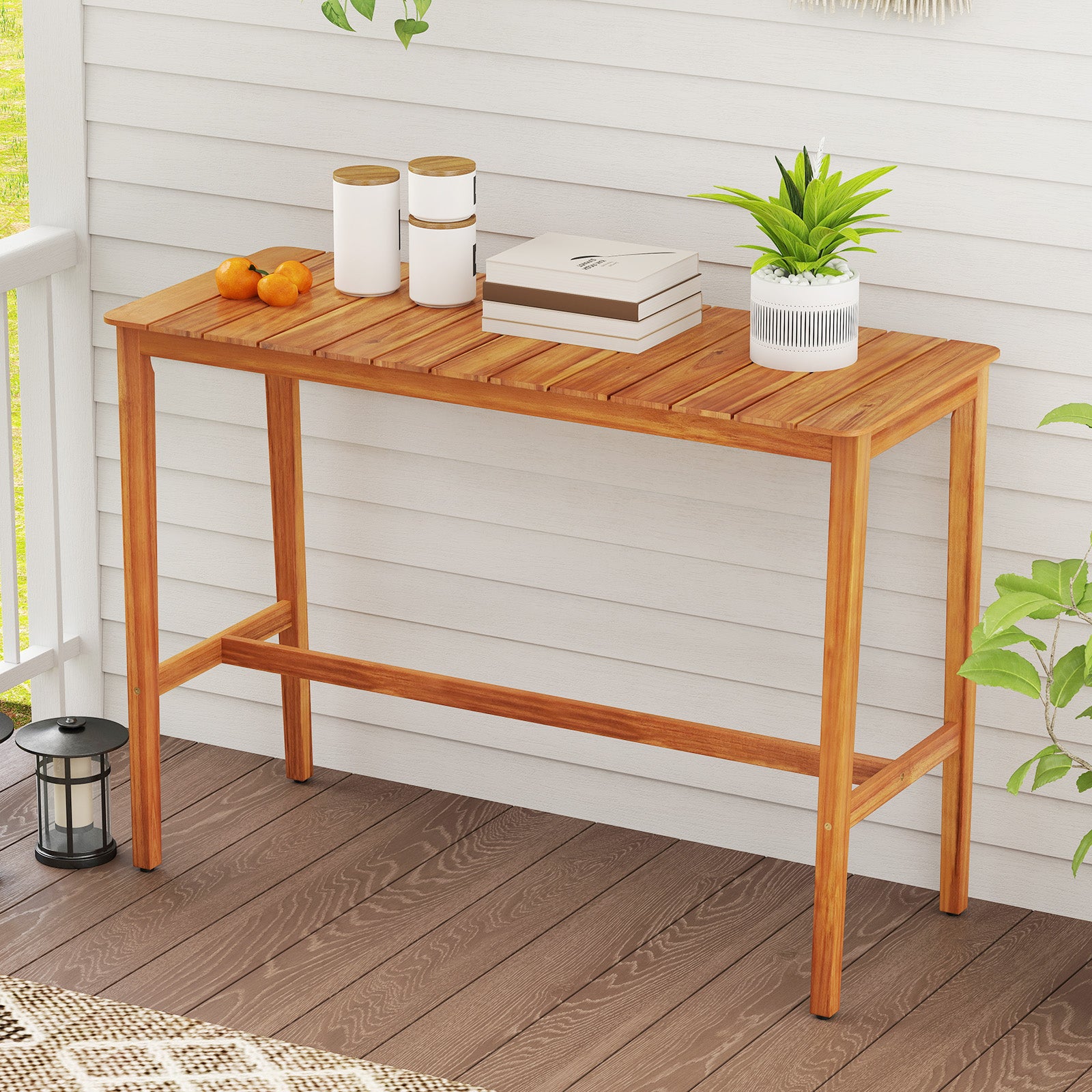 Acacia Wood Counter Height Table with Slatted Tabletop and Footrest Crossbar Patio Bar Furniture at Gallery Canada