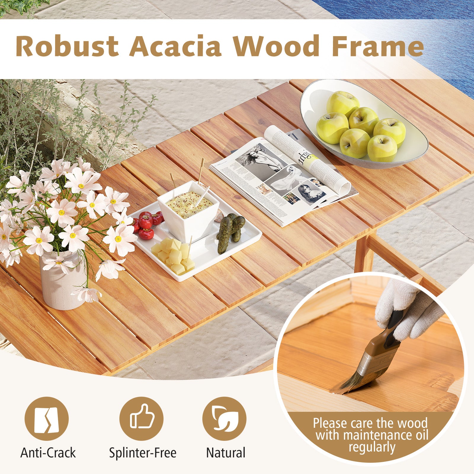 Acacia Wood Counter Height Table with Slatted Tabletop and Footrest Crossbar Patio Bar Furniture at Gallery Canada