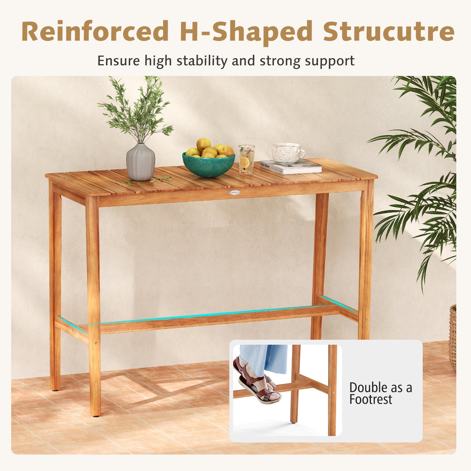 Acacia Wood Counter Height Table with Slatted Tabletop and Footrest Crossbar Patio Bar Furniture at Gallery Canada