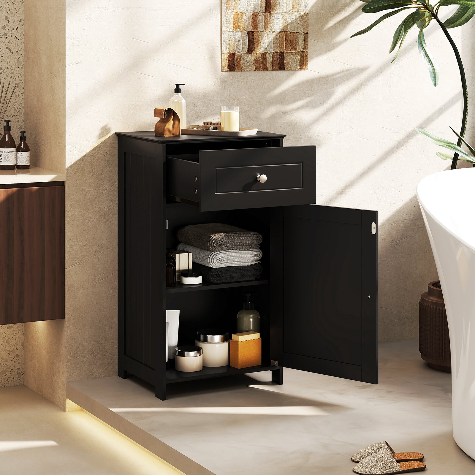 Single Door Bathroom Cabinet with Adjustable Shelf and Drawer, Black Floor Cabinets at Gallery Canada
