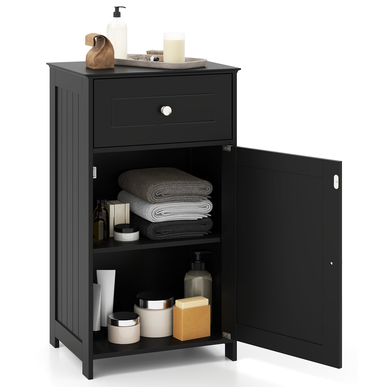 Single Door Bathroom Cabinet with Adjustable Shelf and Drawer, Black Floor Cabinets at Gallery Canada