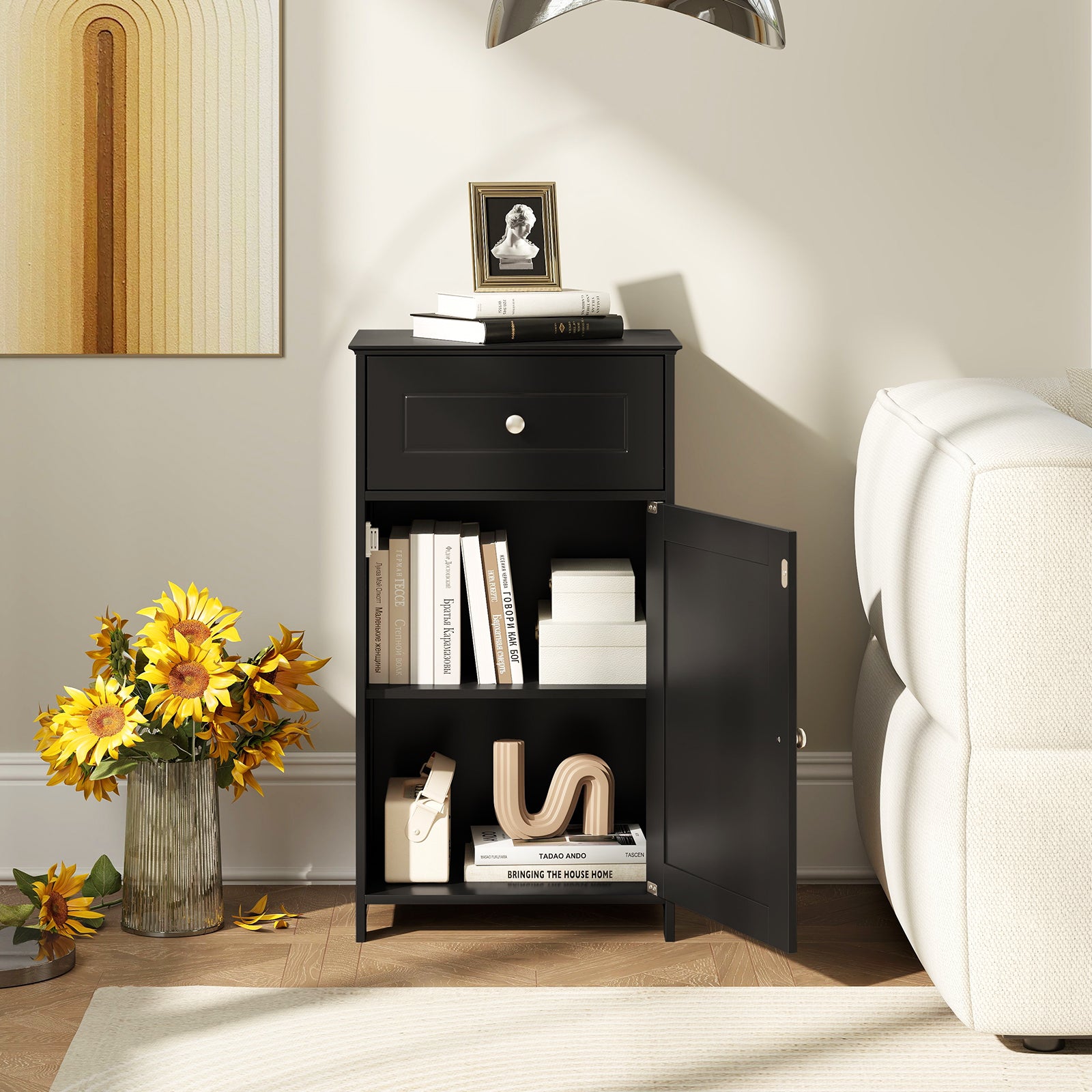 Single Door Bathroom Cabinet with Adjustable Shelf and Drawer, Black Floor Cabinets at Gallery Canada