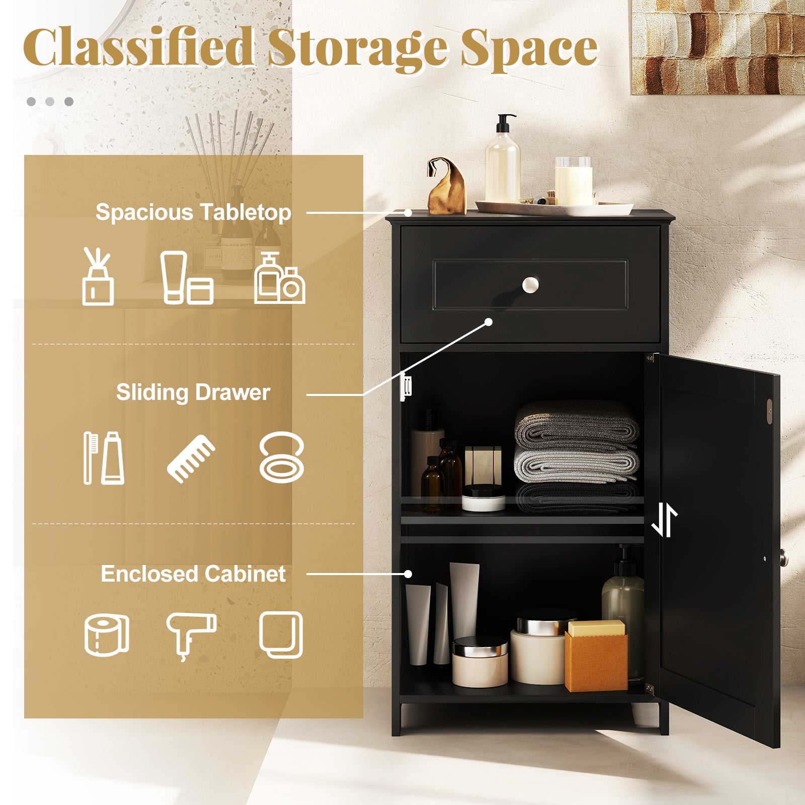 Single Door Bathroom Cabinet with Adjustable Shelf and Drawer, Black Floor Cabinets at Gallery Canada