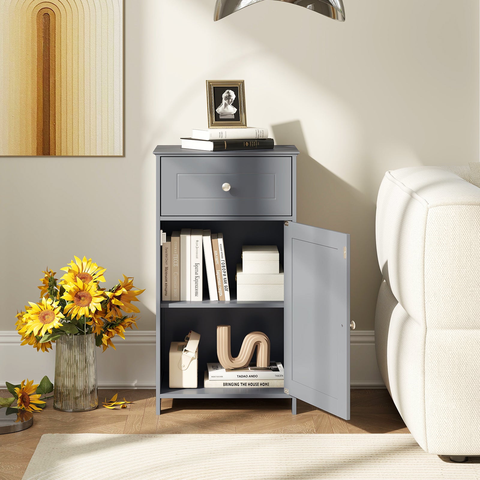 Single Door Bathroom Cabinet with Adjustable Shelf and Drawer, Gray Floor Cabinets at Gallery Canada