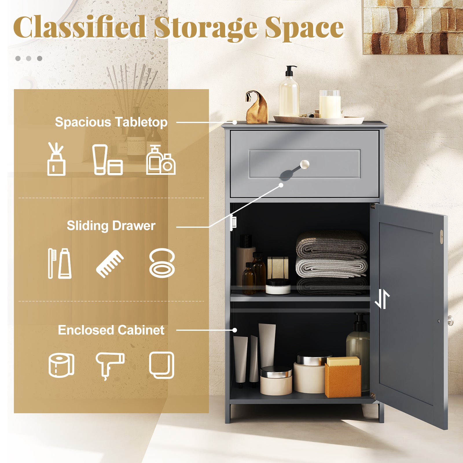 Single Door Bathroom Cabinet with Adjustable Shelf and Drawer, Gray Floor Cabinets at Gallery Canada