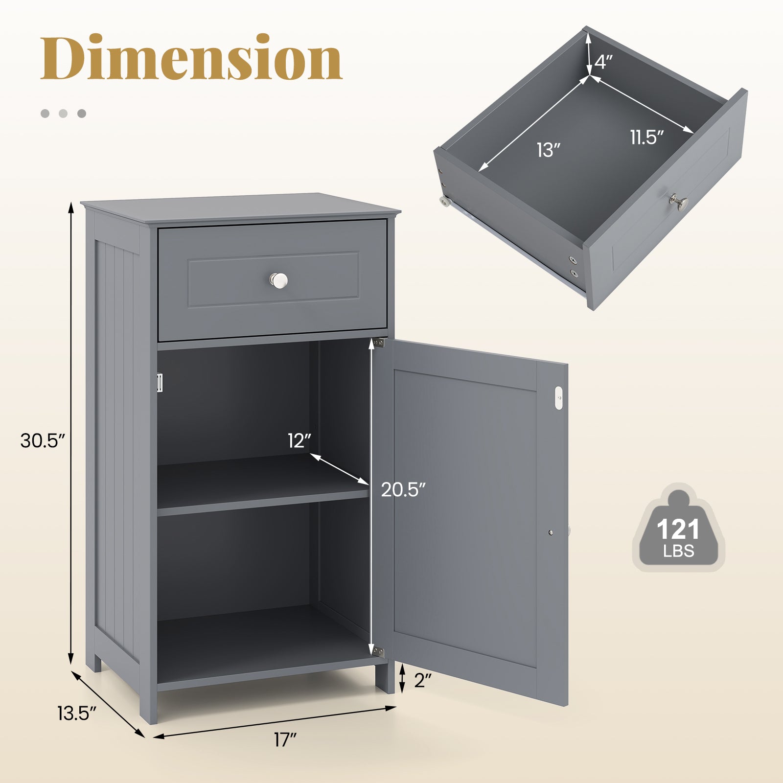 Single Door Bathroom Cabinet with Adjustable Shelf and Drawer, Gray Floor Cabinets at Gallery Canada