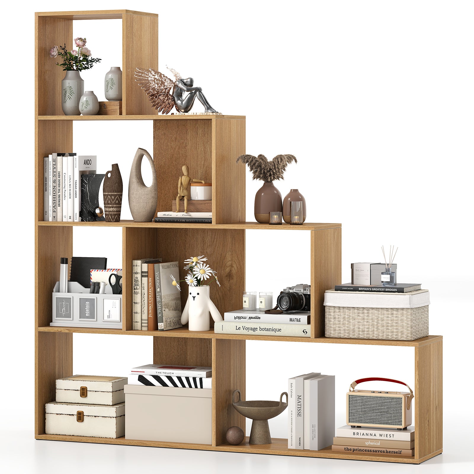 4-Tier Bookshelf Stair Bookcase with 6 Cubes Display Rack, Natural Bookcases at Gallery Canada