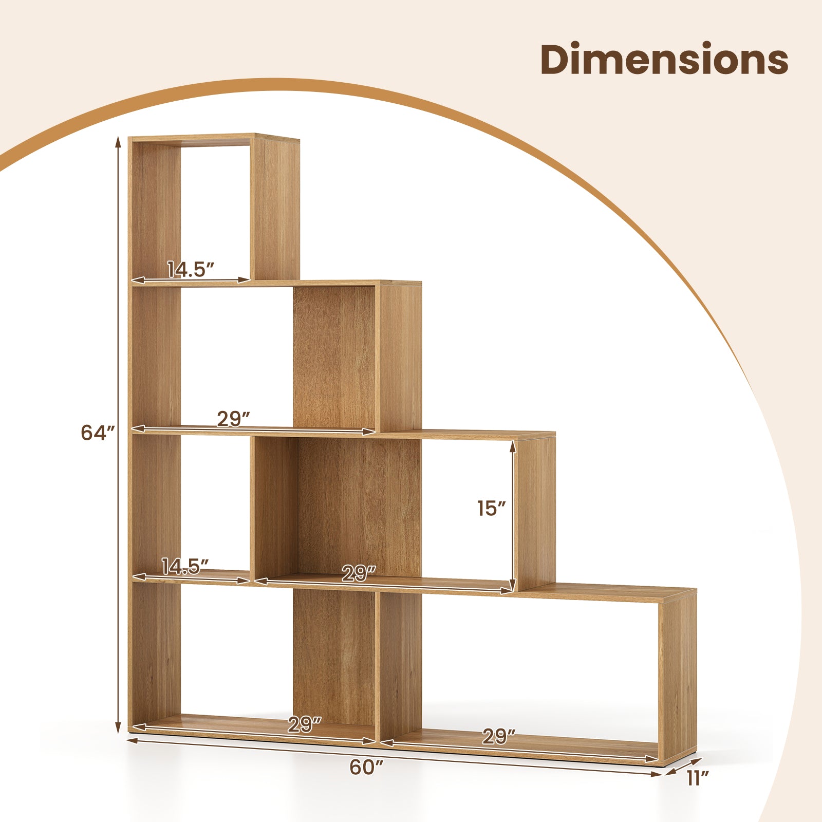 4-Tier Bookshelf Stair Bookcase with 6 Cubes Display Rack, Natural Bookcases at Gallery Canada