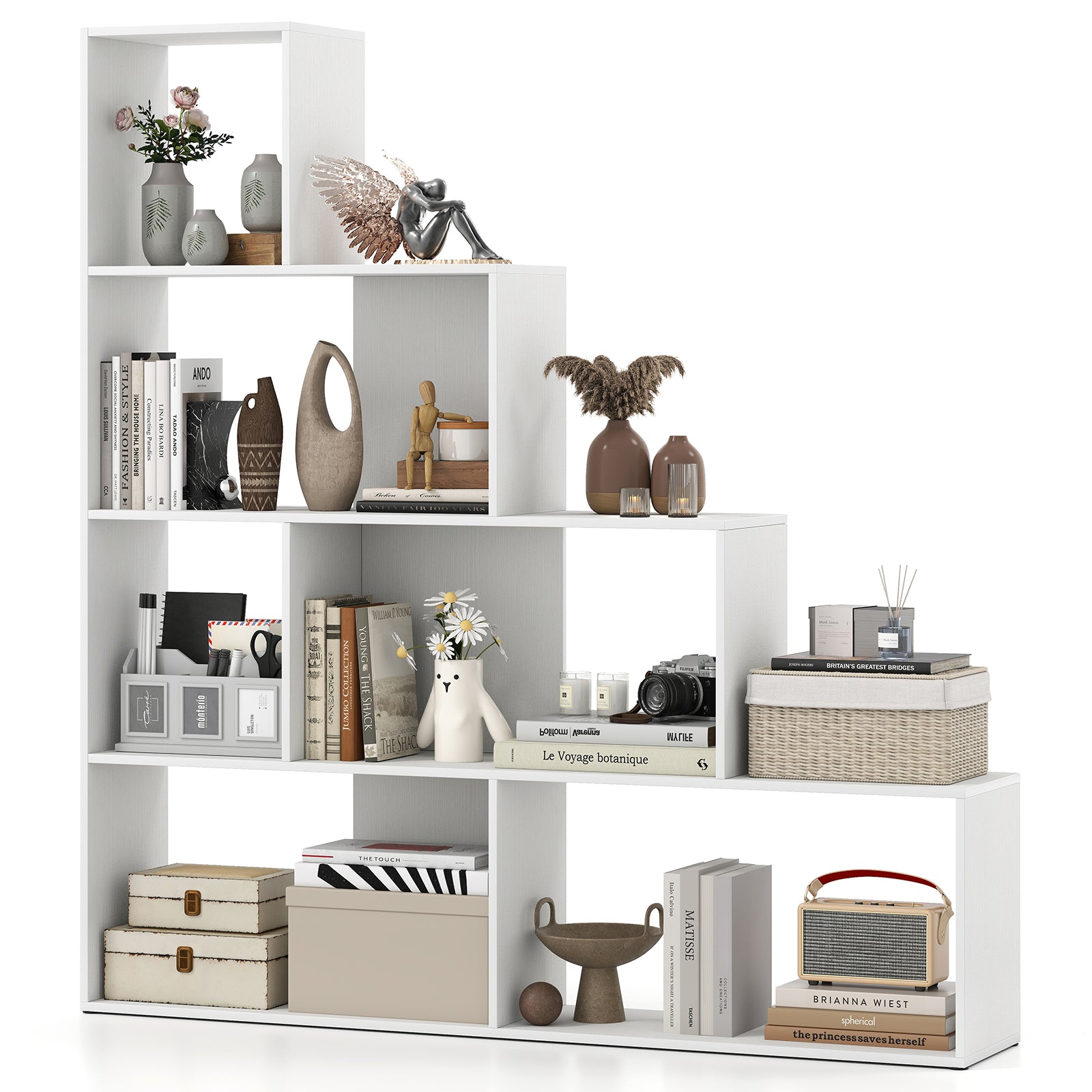 4-Tier Bookshelf Stair Bookcase with 6 Cubes Display Rack, White Bookcases at Gallery Canada
