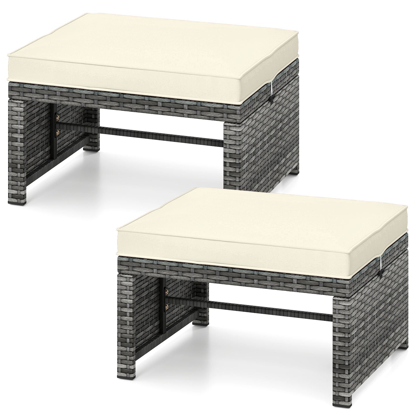 2 Pieces Patio PE Rattan Ottomans with Soft Zippered Cushions for Deck, White Outdoor Seating & Patio Chairs at Gallery Canada