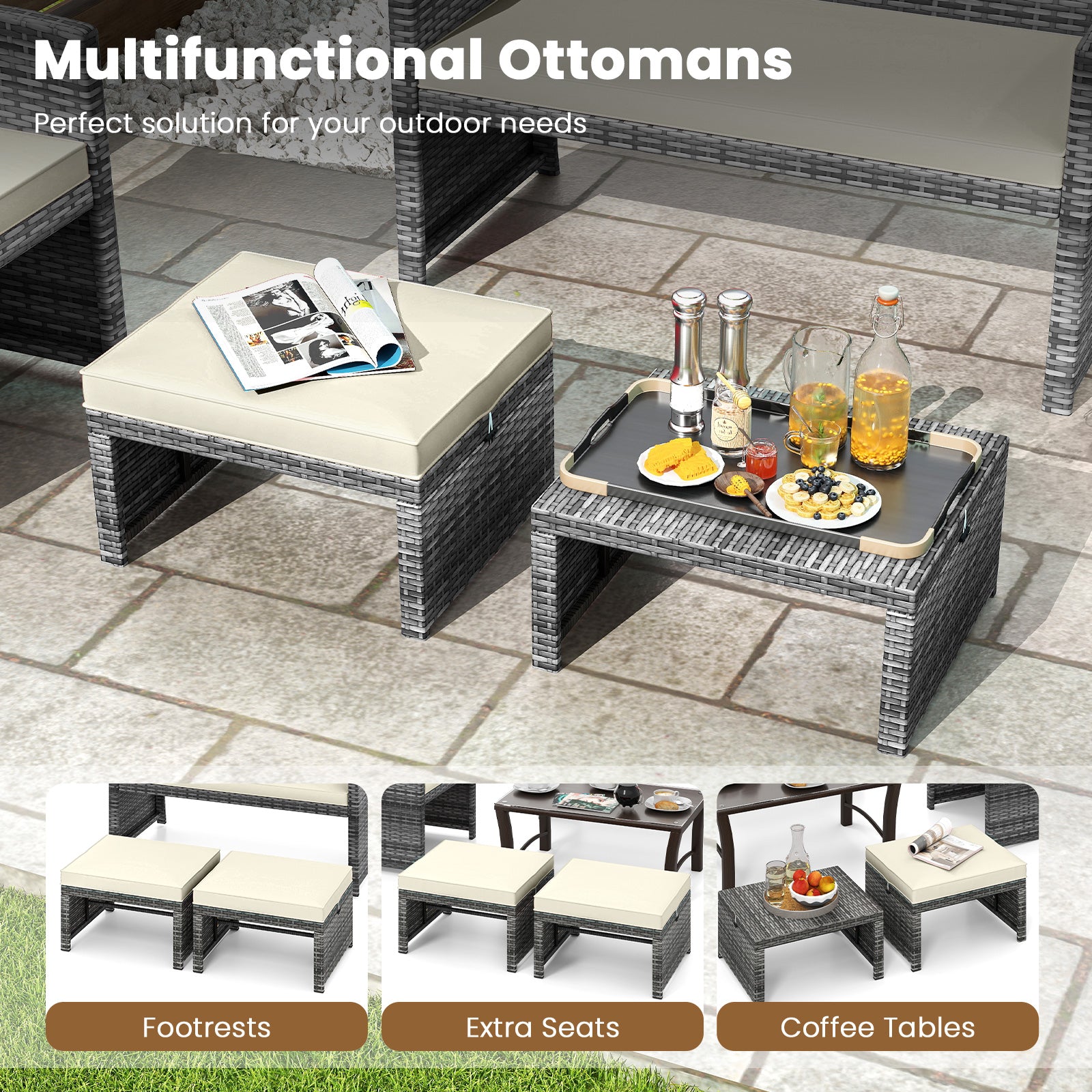 2 Pieces Patio PE Rattan Ottomans with Soft Zippered Cushions for Deck, White Outdoor Seating & Patio Chairs at Gallery Canada