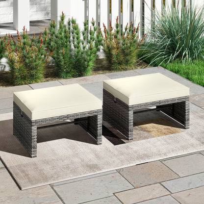 2 Pieces Patio PE Rattan Ottomans with Soft Zippered Cushions for Deck, White Outdoor Seating & Patio Chairs at Gallery Canada