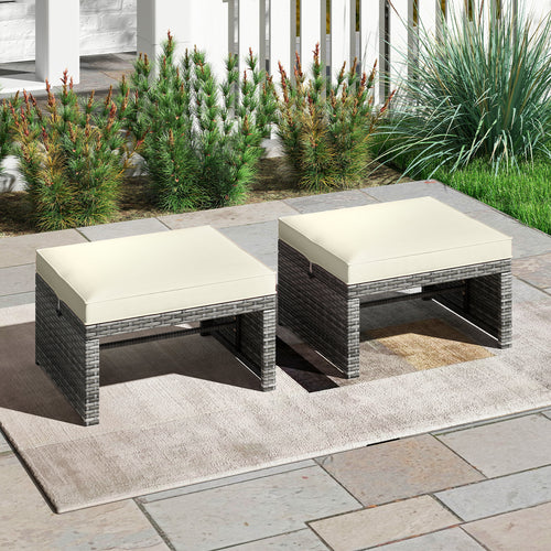 2 Pieces Patio PE Rattan Ottomans with Soft Zippered Cushions for Deck, White