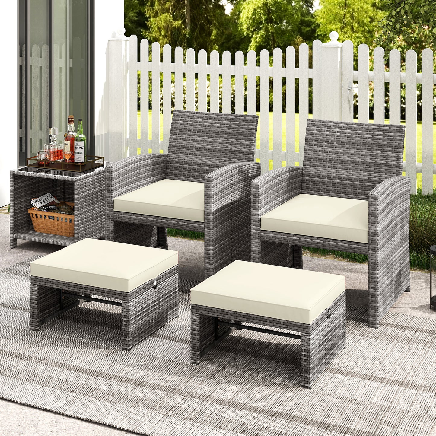 2 Pieces Patio PE Rattan Ottomans with Soft Zippered Cushions for Deck, White Outdoor Seating & Patio Chairs at Gallery Canada