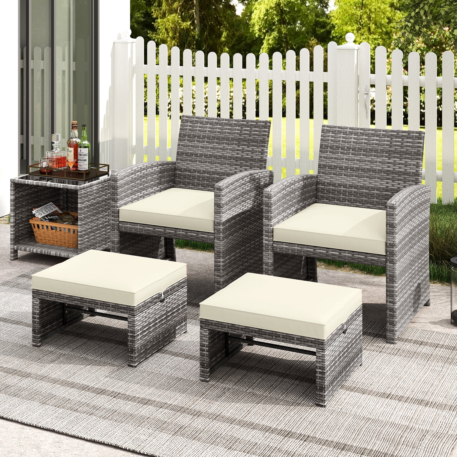 2 Pieces Patio PE Rattan Ottomans with Soft Zippered Cushions for Deck, White Outdoor Seating & Patio Chairs at Gallery Canada