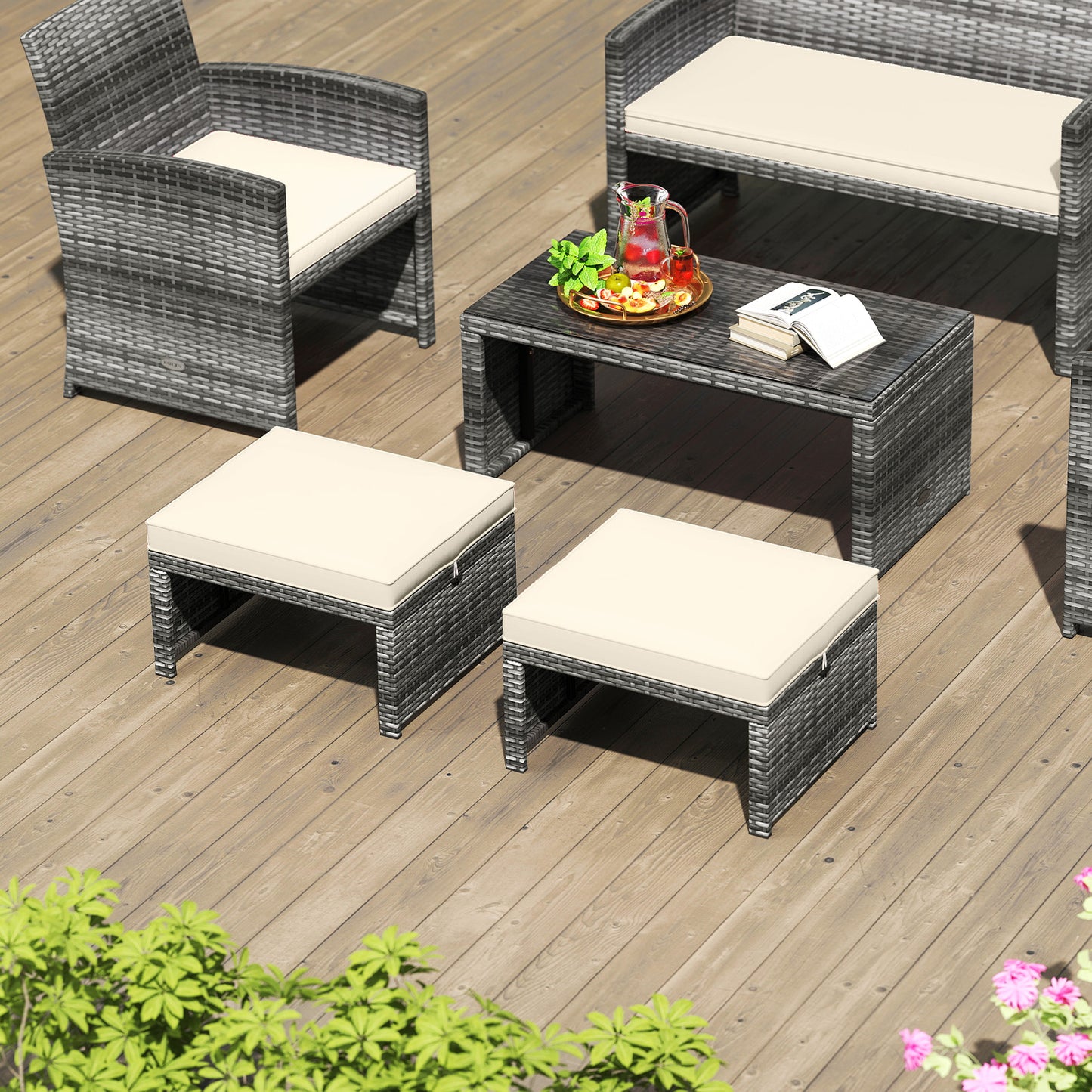 2 Pieces Patio PE Rattan Ottomans with Soft Zippered Cushions for Deck, White Outdoor Seating & Patio Chairs at Gallery Canada