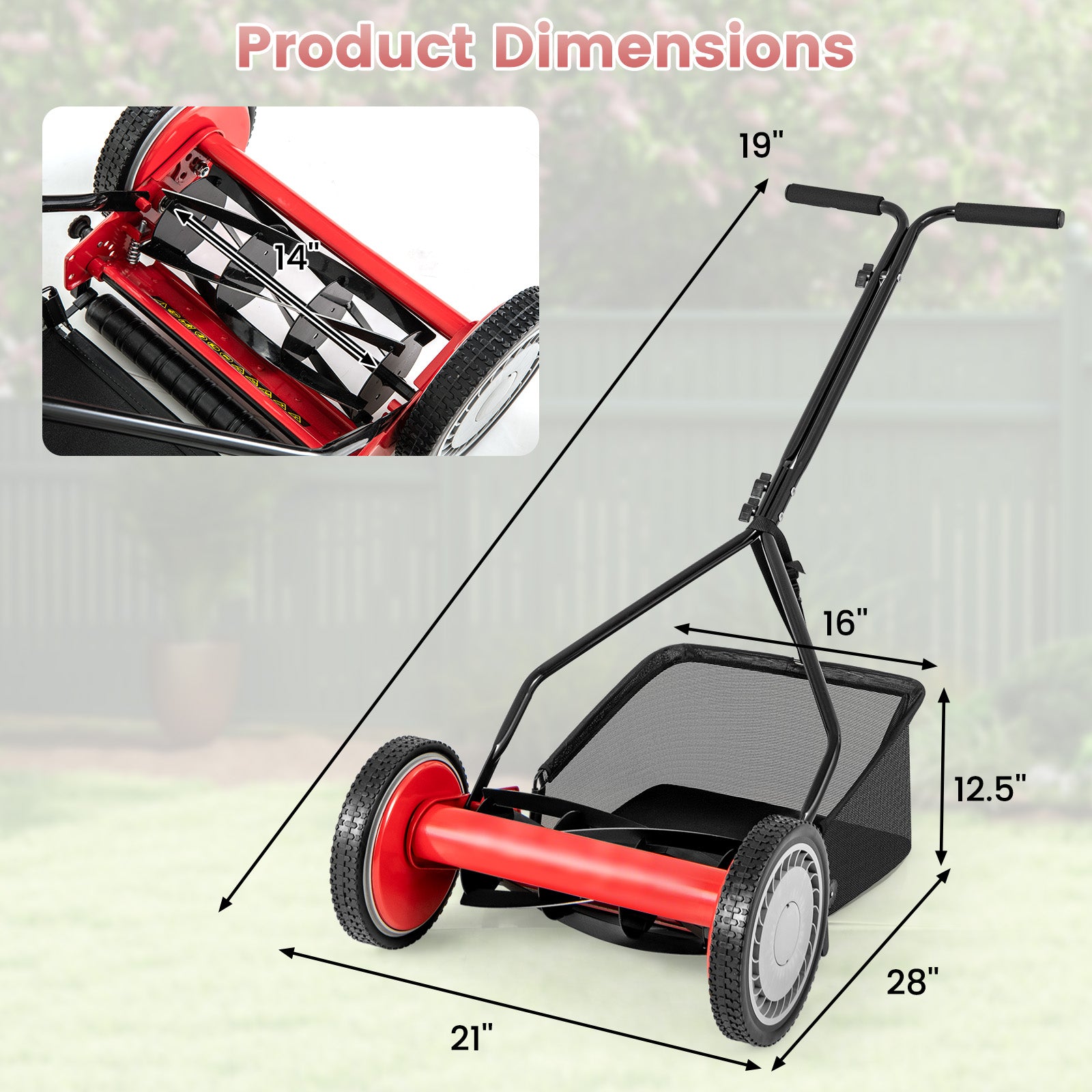 14 Inch Push Lawn Mower with 5 Steel Blades and Grass Catcher Bag, Red Lawn Care Tools at Gallery Canada