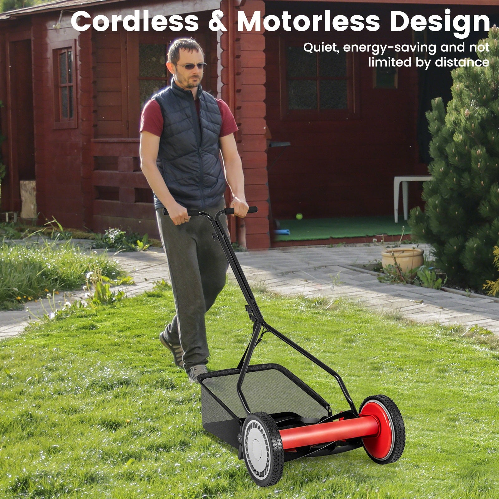 14 Inch Push Lawn Mower with 5 Steel Blades and Grass Catcher Bag, Red Lawn Care Tools at Gallery Canada