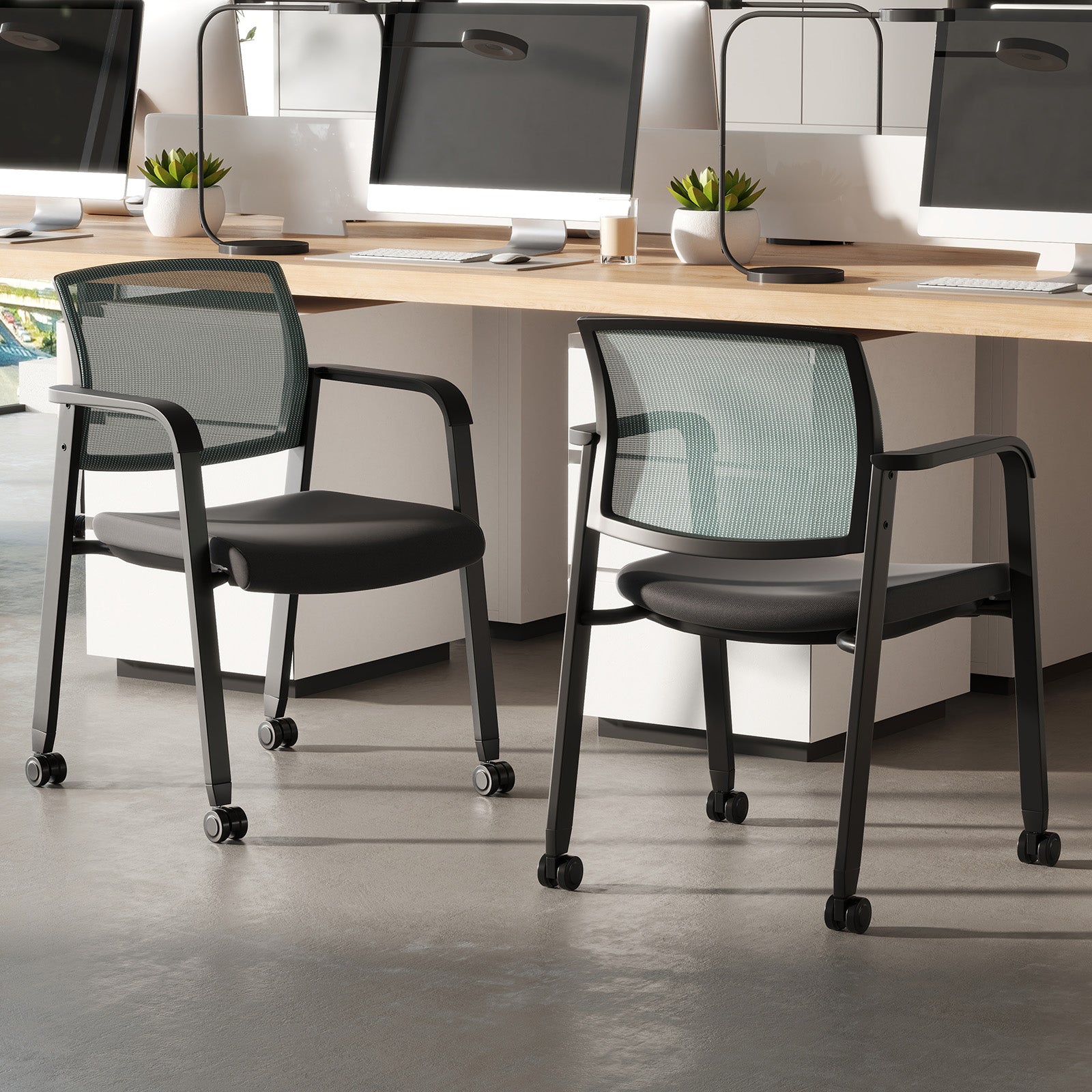 Set Of 2 Stackable Rolling Office Chairs, Mesh Backrest, Gray Conference Chairs at Gallery Canada