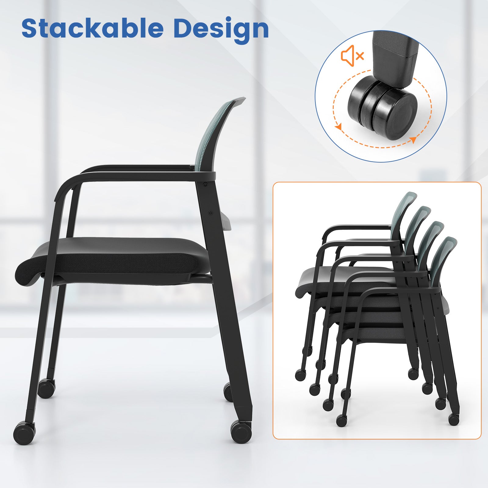 Set Of 2 Stackable Rolling Office Chairs, Mesh Backrest, Gray Conference Chairs at Gallery Canada