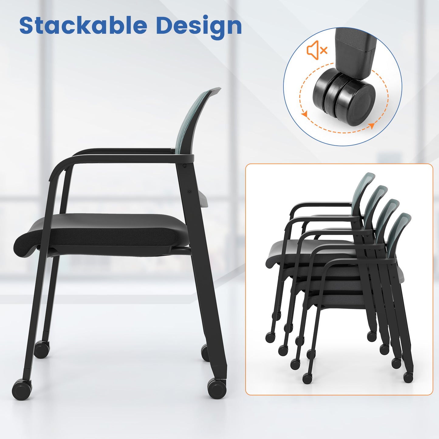 Set Of 2 Stackable Rolling Office Chairs, Mesh Backrest, Gray Conference Chairs at Gallery Canada