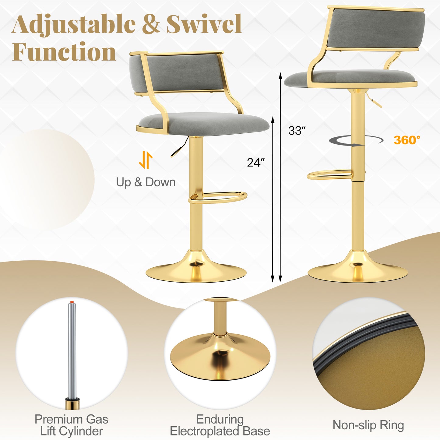 Swivel Bar Stool Set of 2 Dutch Velvet Height Adjustable Island Stools-Grey, Gray Bar Stools at Gallery Canada