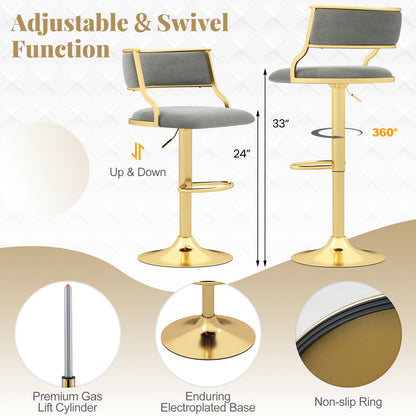 Swivel Bar Stool Set of 2 Dutch Velvet Height Adjustable Island Stools-Grey, Gray Bar Stools at Gallery Canada