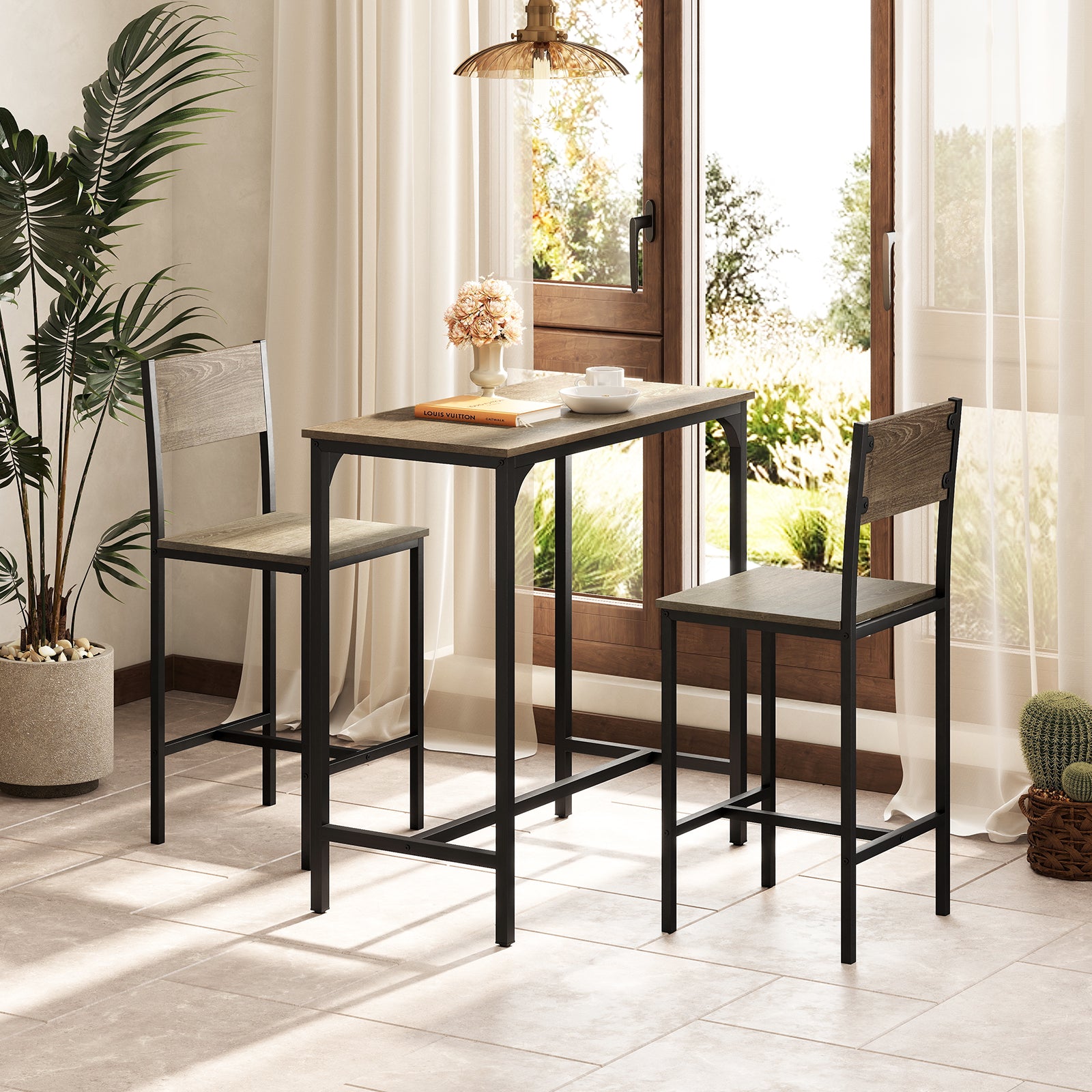 3 Piece Bar Table Set With Backrest, Footrest, Gray Patio Bar Furniture at Gallery Canada