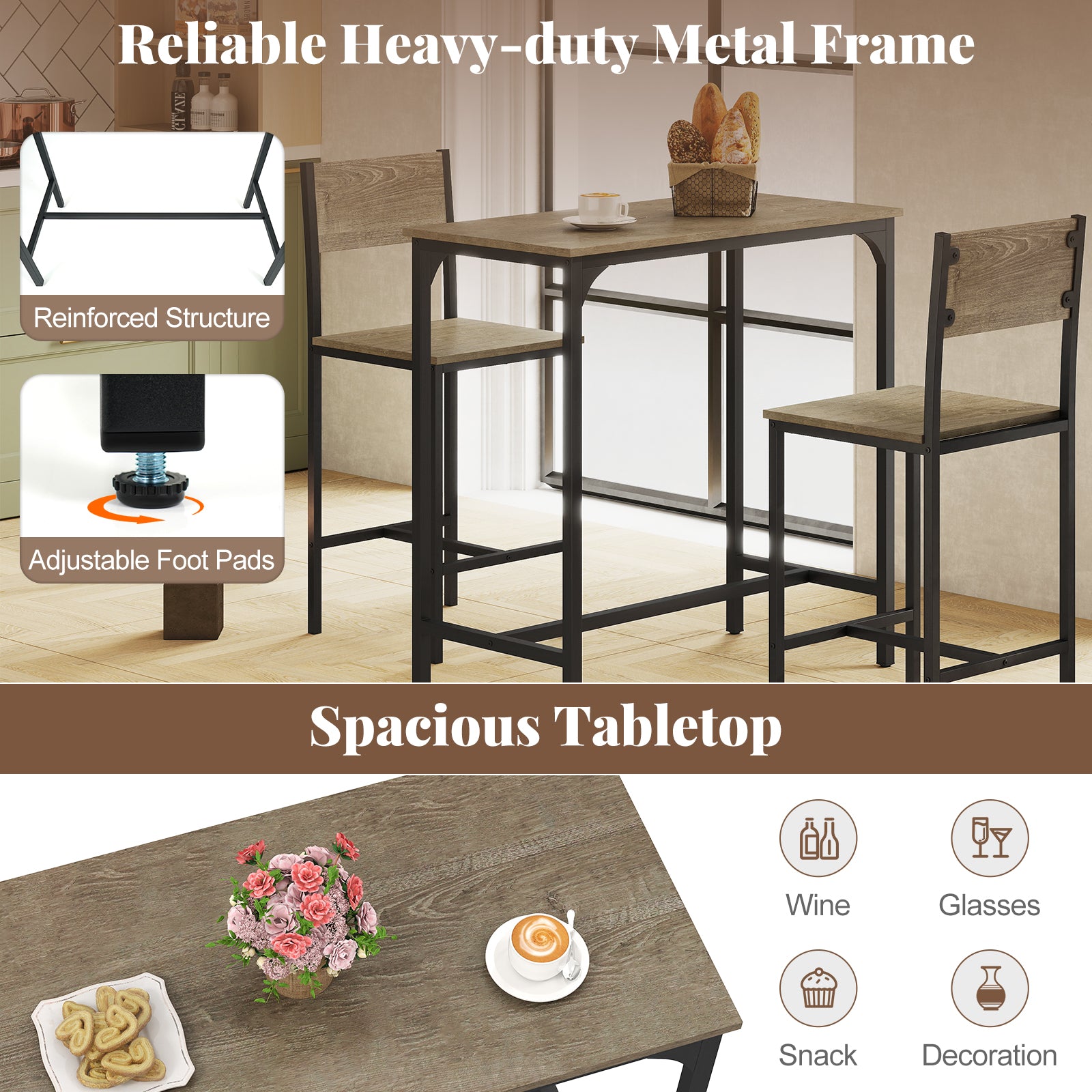 3 Piece Bar Table Set With Backrest, Footrest, Gray Patio Bar Furniture at Gallery Canada