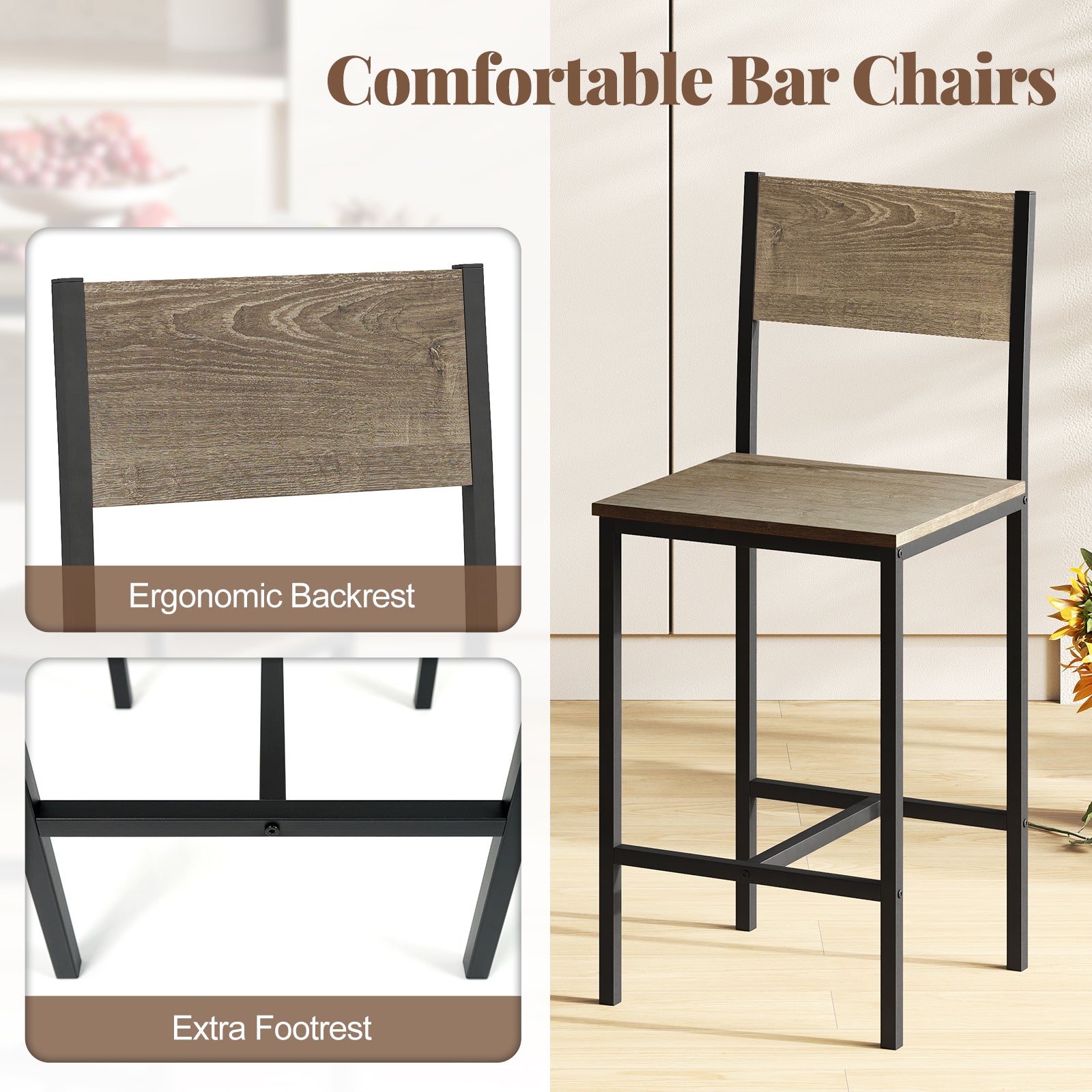3 Piece Bar Table Set With Backrest, Footrest, Gray Patio Bar Furniture at Gallery Canada