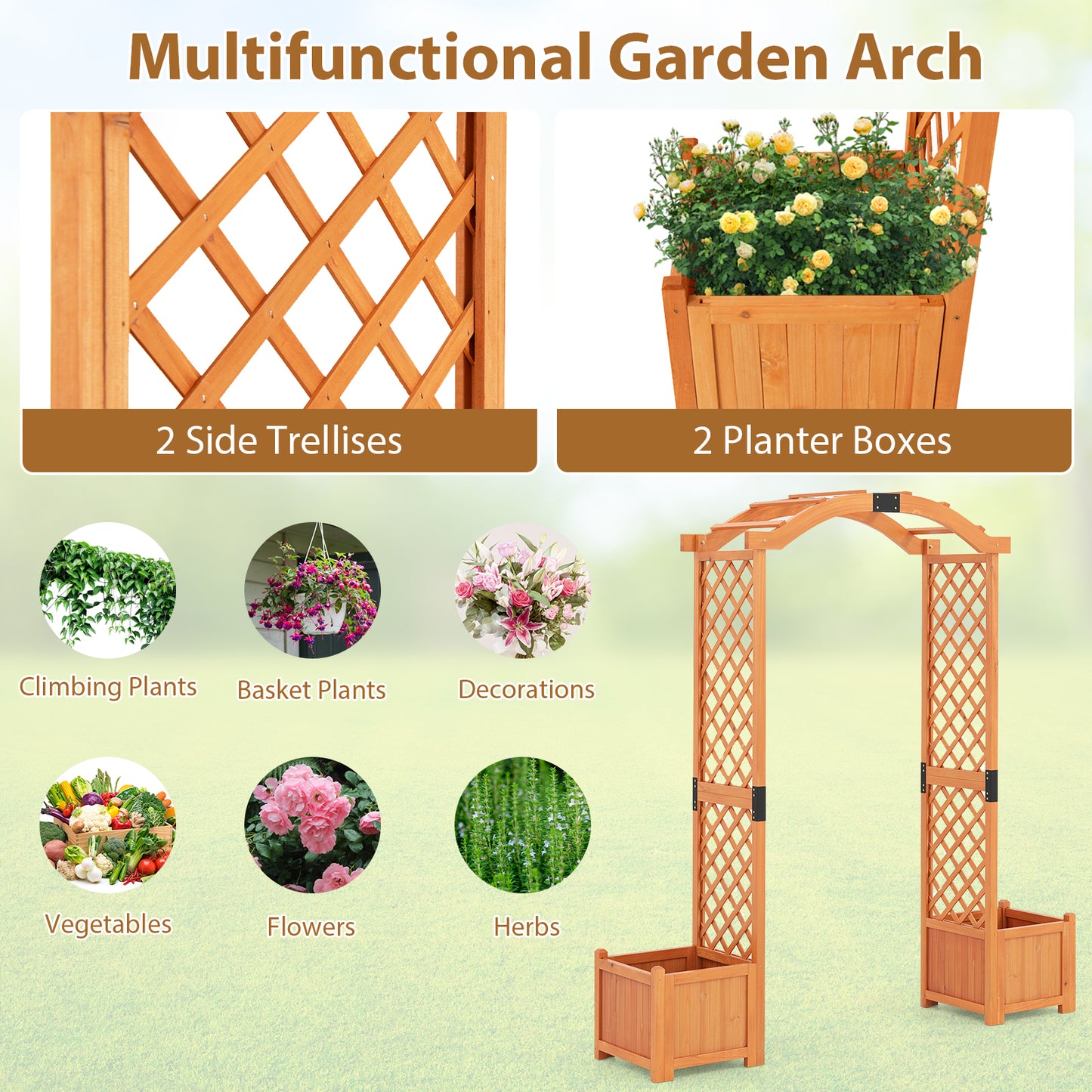 Wooden Garden Arbor With Planter And Trellis, Orange Outdoor Decor at Gallery Canada